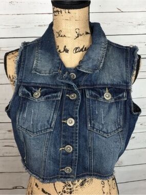 Highway Jeans Cropped Distressed Denim Vest Frayed Raw Edge Details XL